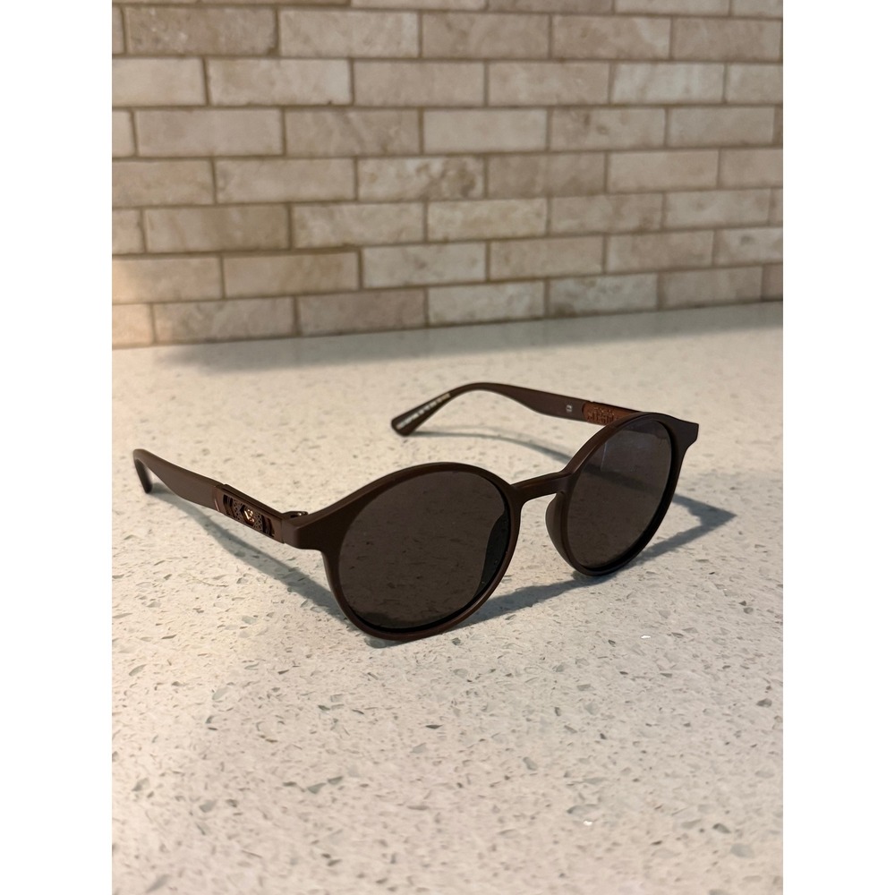 Vintage Style Round Sunglasses Brown Frame Dark Gray Tint Lenses